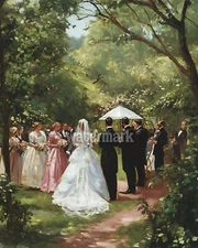 Victorian wedding reception in a garden setting oil Painting 8x10 Print 