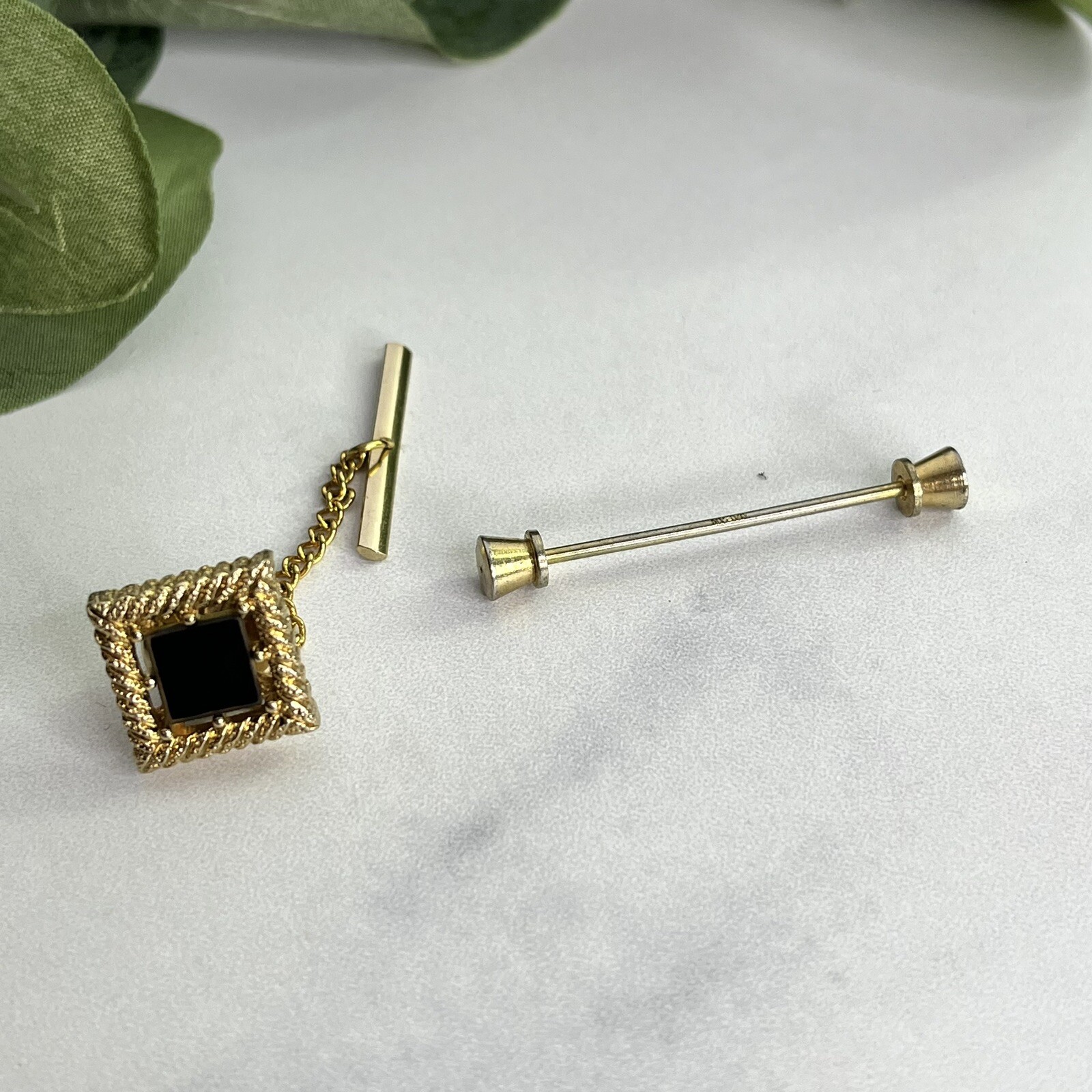 Vintage Gold Tone Barbell Collar Bar Pin & Gold Tone Black Stone Tie Tack Japan