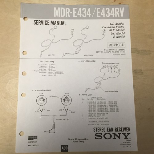 Sony Service Manual for the MDR E434 E434RV E444 E444V Headphones ~ Repair  | eBay