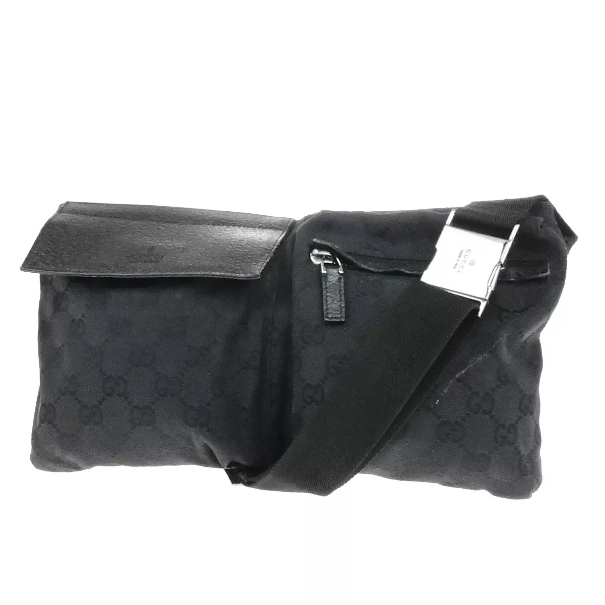 GUCCI Logo GG Motif Sac à Fesses Ceinture Toile Cuir Noir Argent Italie 33EE093
