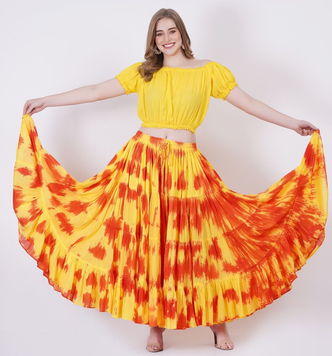 Women's Tiered Tribal,ATS,Belly Dancing Orange Yellow Tie-Dye - Main Image