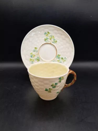 Vtg. 3rd mark Belleek Pottery Shamrock Basket Weave Tea Cup and Saucer, Ireland