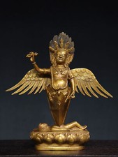 11.2" Bronze Gilded Gold [Golden Winged Giant Roc Bird] Buddha Statue