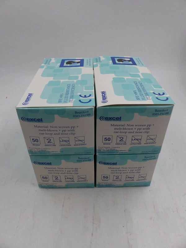LOT OF 4 EXCEL DISPOSABLE EAR LOOP 3-PLY FACE MASKS 0503-FM388 FLUID RESISTANT