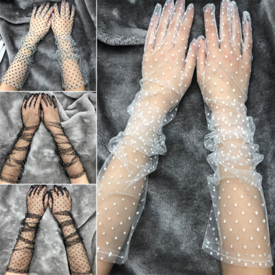 1Pair Women Dot Sheer Lace Gloves Mesh Tulle Long Gloves Wedding Party Mittens