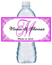 50 HOT PINK MONOGRAM WEDDING FAVORS WATER BOTTLE LABELS Waterproof Ink