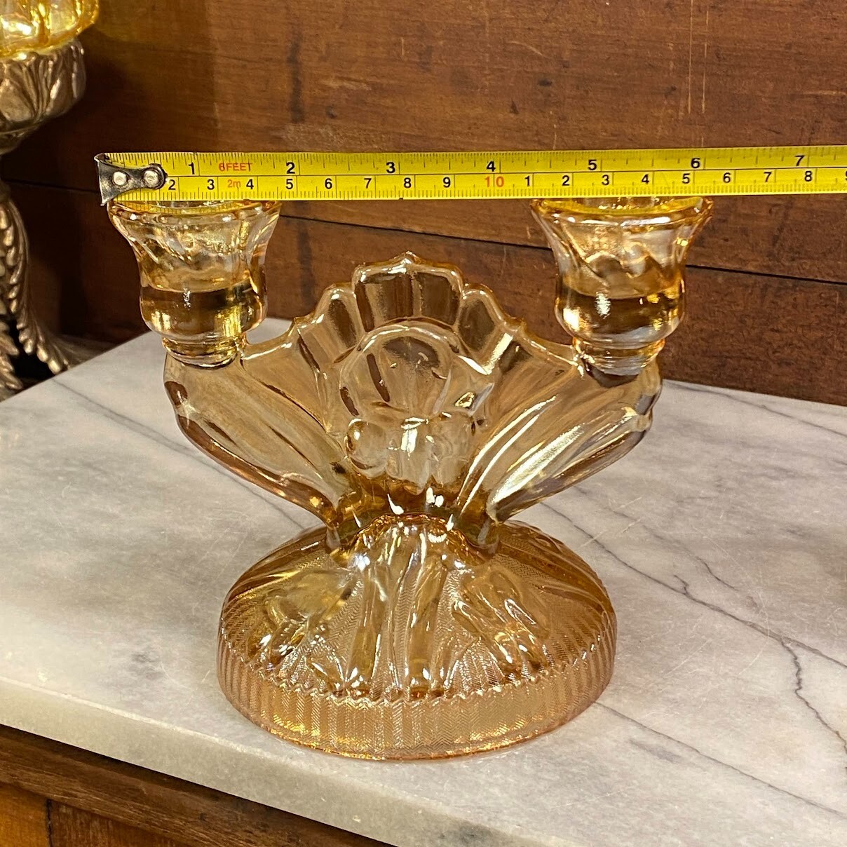 Jeannette Marigold Peach Carnival Glass Iris & Herringbone Double Candle Holder