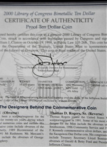 2000 Library of Congress Ten Dollar Bimetallic Coin Graded PR 70 DCAM - Picture 9 of 11