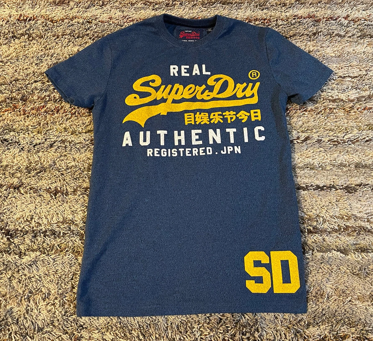 Vintage Real SUPERDRY CO TradeMark JPN SD Mens XS T-Shirt White & Yellow  Letters