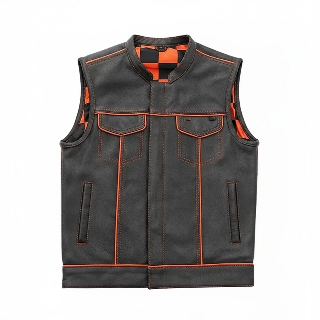 Men's Biker's Genuine Cowhide Leather Vest Orange Stitch & Checkerboard Lining