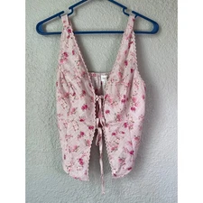 Pink Rose Floral Crop Top XS Pink Rose Cottagecore Lace Trim Tie Front
