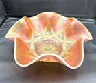 Vintage Dugan Carnival Glass Bowl "Ski Star" in Peach Opalescent Compass Center