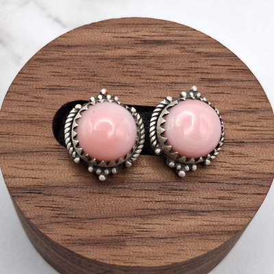 Pink Conch Shell Stud Earrings Sterling Silver Southwestern Style Round Cabochon