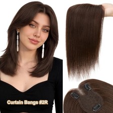 Clip in Remy Human Hair Toppers with Curtain Bangs Lace Base Hair Piece 10"-14"