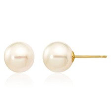 14K Solid Yellow Gold 8mm White Round Akoya Saltwater Cultured Pearl Stud ...