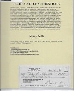 Maury Wills signed cancelled bank check-dated 4-24-1986 w/COA