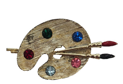 Vintage Artist Paint Palette Brooch Pin Gold Tone Multi Colored Rhinestones