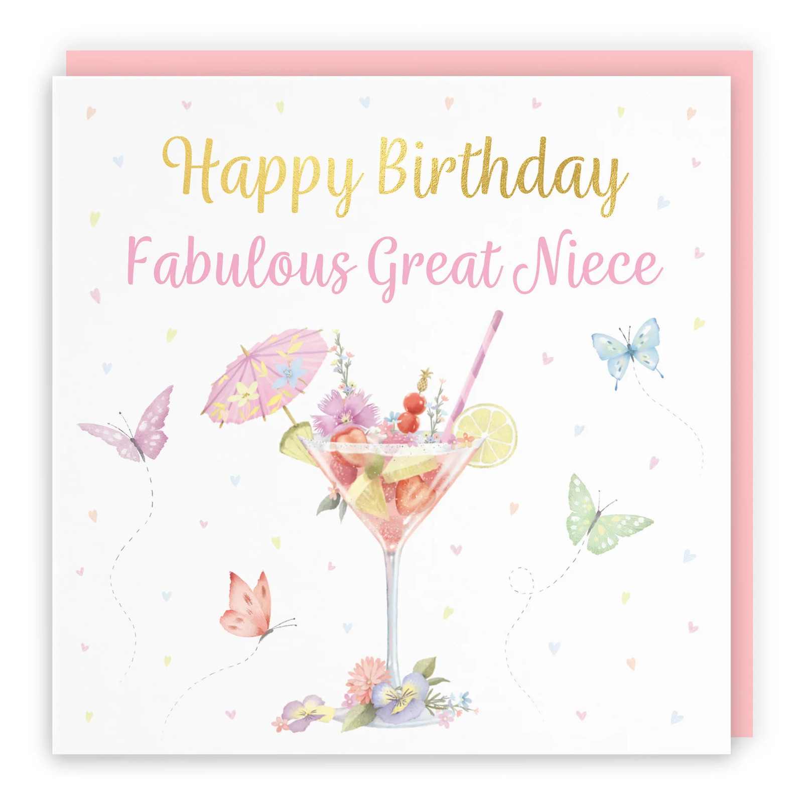 Great Niece Pink Cocktail And Butterflies Birthday Card Gold Foil Milo's Galler