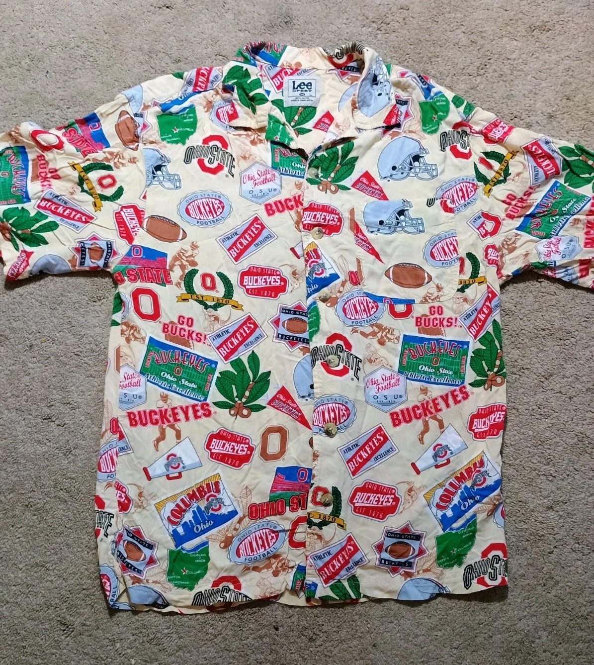 Vintage Lee Ohio State Buckeyes Hawaiian All Over Print Rayon Button Up Shirt M