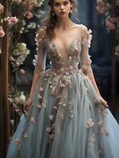 Floral V Neck Elegant Evening Dresses A Line Tulle Appliques Party Prom Gown