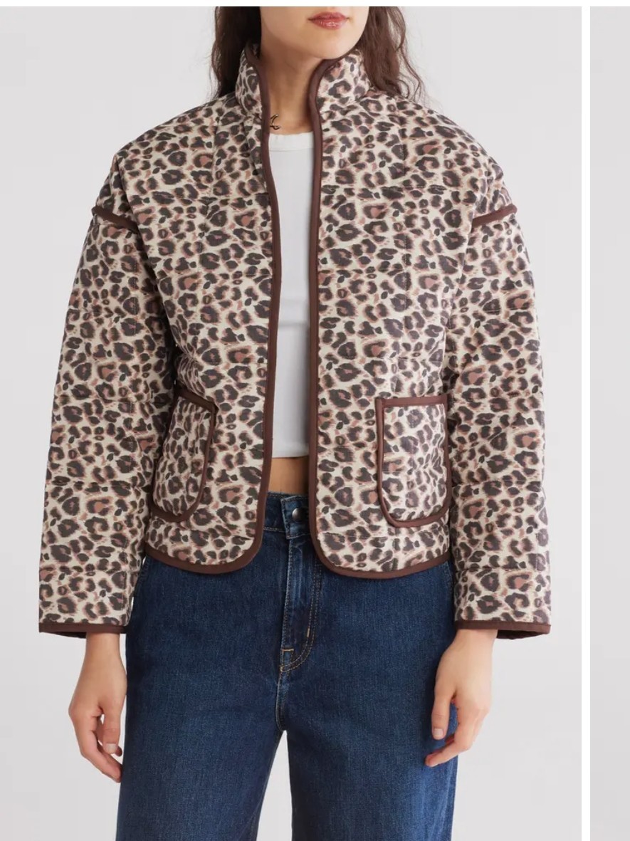 Vigoss Leopard Print Box Quilted Jacket Cozy Layering Staple Sz LG