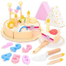 Wooden Birthday Cake Playset Pretend Kitchen Toy with Candles Numbers Fruits
