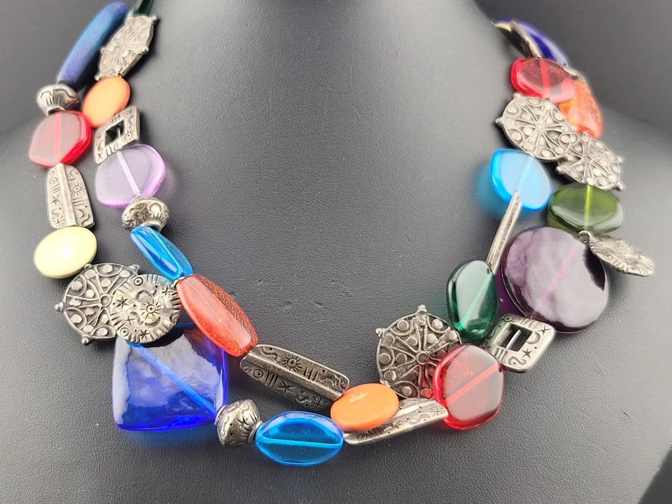 Colorido Collar Firmado Chico's Grueso Vidrio Moneda Plateado 2 Hilos 18" Foto 2 de 4