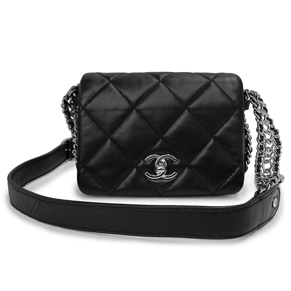 Chanel Coco Matelasse Black Lambskin Leather Chain Shoulder Bag AS3099