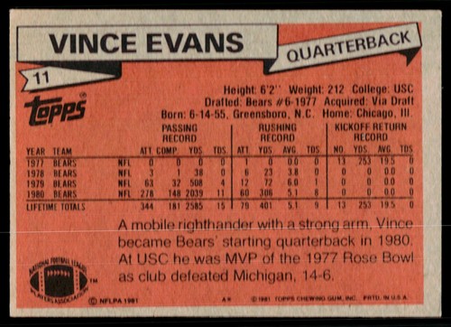 Vince Evans, 1981 Topps, #11, Chicago Bears, RC - Picture 2 of 2