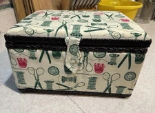 Vintage sewing basket with handle, Insert Tray and original unused notions.