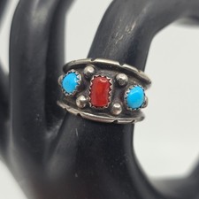 Vintage Signed Navajo Sterling Silver Turquoise Coral Ring Band Size 8