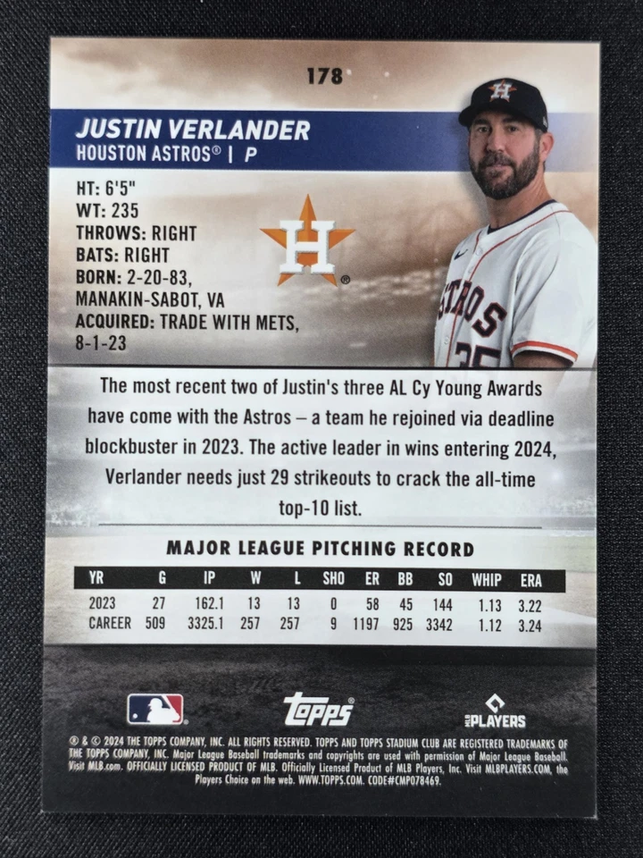 Justin Verlander 2024 Topps Stadium Club Pearl Refractor 10/30 #178 ASTROS - Image 2 of 2
