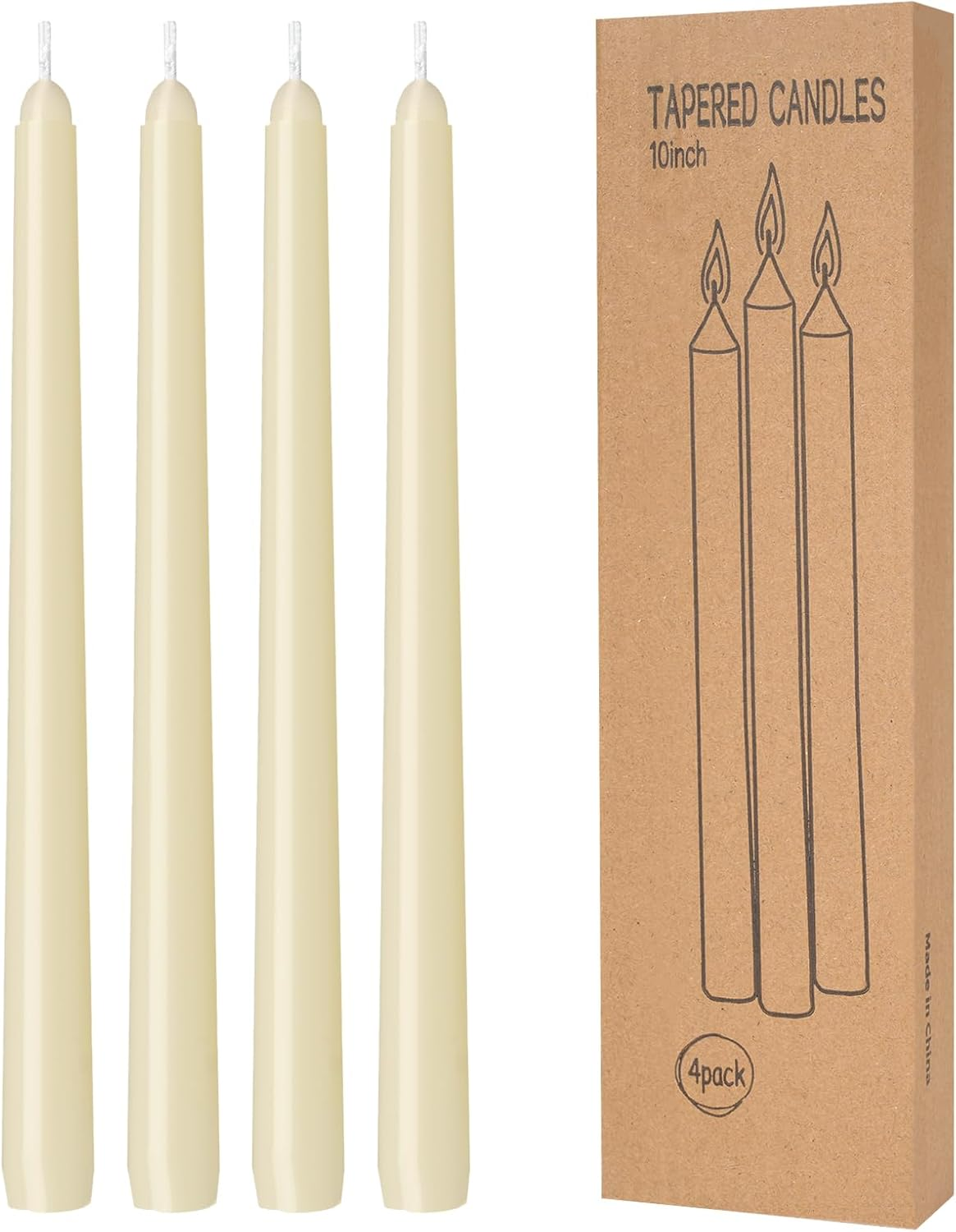 4 Pack Ivory 10 Inch Taper Candles Dripless Smokeless Unscented
