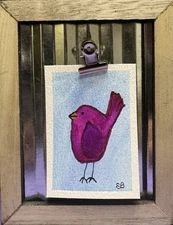 Original Hand-Painted ACEO Bird | Maggie The Whimsical Pink Bird Miniature.