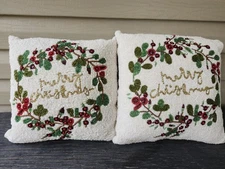 Pair of Merry Christmas White Beaded Throw Pillow Holly Berries Square 13 x 13