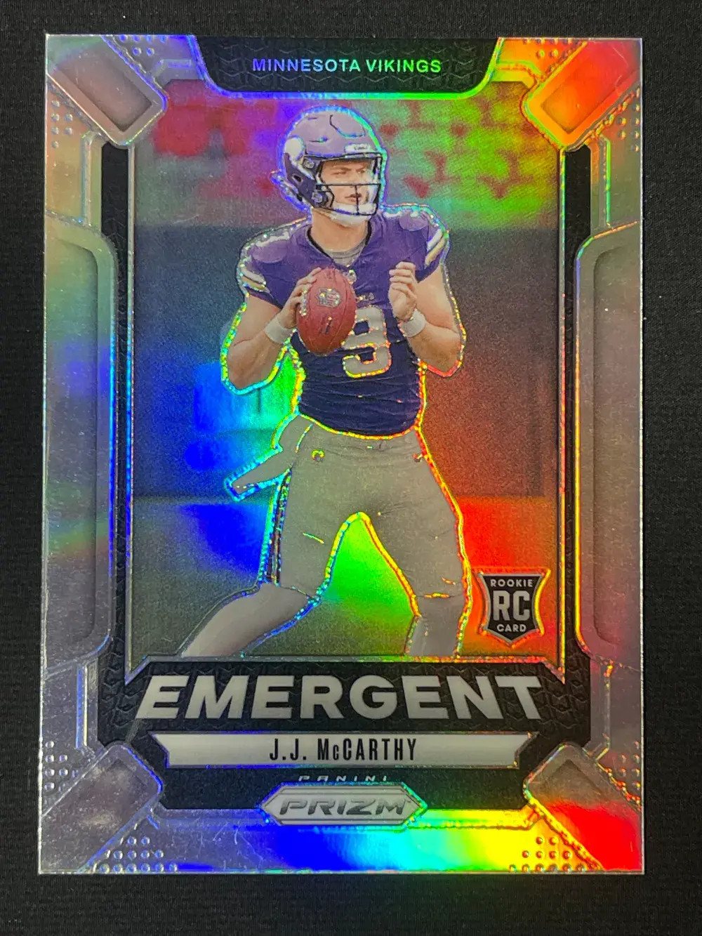2024 Panini Prizm Emergent True Silver Prizm RC #19 J.J. McCarthy /Vikings YT92