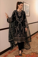 Stylish Look Korean Satin Silk Black Salwar Kameez With Dupatta For Function