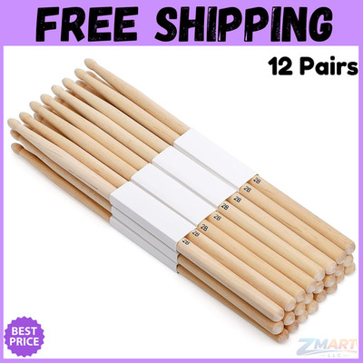 12 Pairs Drumsticks Hard Maple 2B Wood Tip Drum Sticks Exercise Drum Sticks