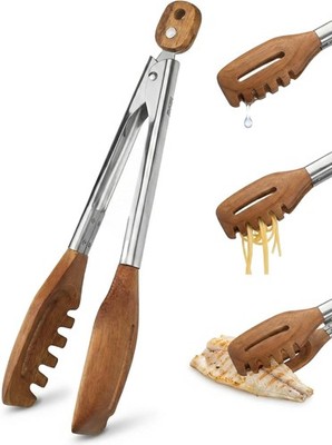 3-in-1 Kitchen Tongs & Pasta Server   12 Inch Walnut Multifunction Tongs with