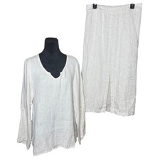 Flax Linen 2 Pcs Set Womens Sz S Oatmeal Tunic Top Midi Skirt Lagenlook Coastal
