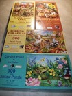 4 SUNSOUT 300 PIECE PUZZLES USED COMPLETE-SCARECROW FARM, AUTUMN PUPPIES, APPLES