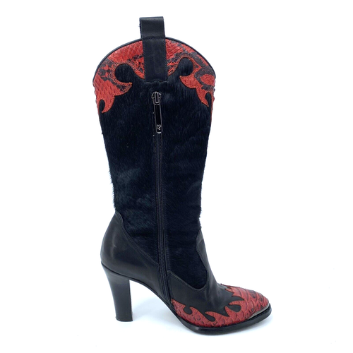 Womens 7 Donald J Pliner Angela Black Red Snake & Calf Fur Knee Boots 3.5” Heels - Picture 7 of 14