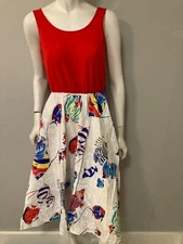 VTG 1970s Vicky Vaughn Novelty fit flare dress Red Tropical fish print Med