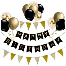 Geburtstagsdekoration Set Schwarz Gold Ballons Banner Girlanden Konfetti