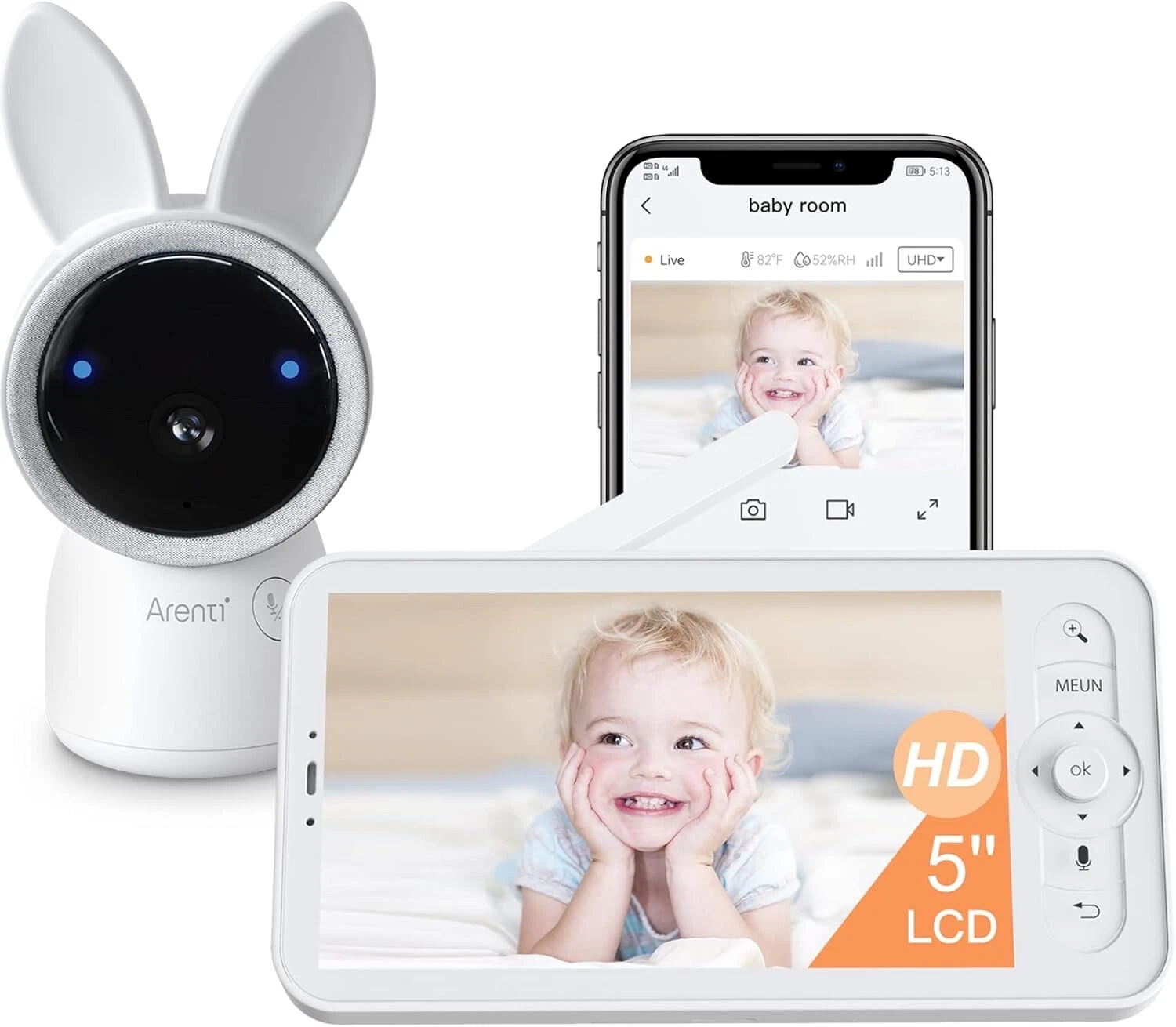 ARENTI Video Baby Monitor, Audio Monitor with 2K WiFi Camera,5” Wireless Display