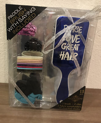 Paddle Brush Set With 2 Clips, 2 Fabric Ponytail Holders & 10 Elastics - NEW 