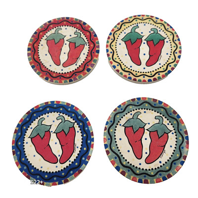 Red Peppers 4 Coasters Hand Painted Chris Bubany Tucson AZ Art Pottery Vintage