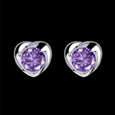 Cute New White Gold Plated Silver Amethyst Purple CZ Crystal Heart Stud Earrings