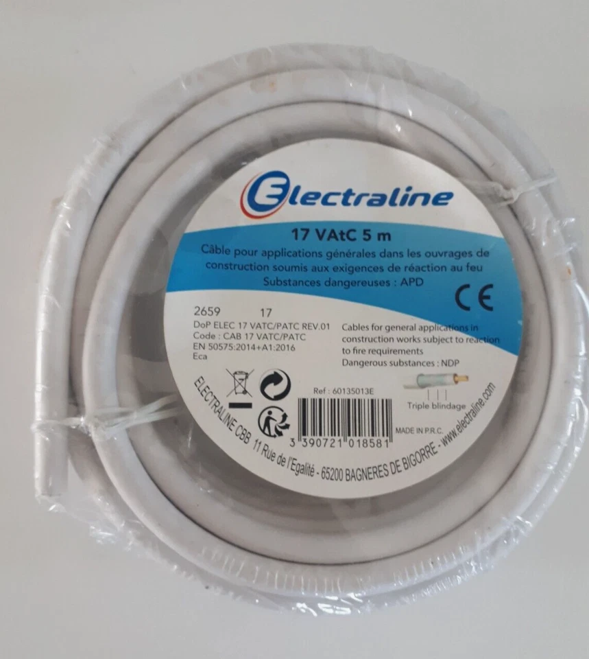 Câble antenne tv coaxial 17 VATC Blanc 5 mètres ELECTRALINE - Photo 1/1