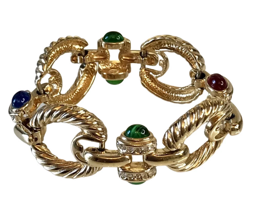 Bracciale Cabochon Multigioiellato Vintage anni '80 Givenchy Paris Oro firmato